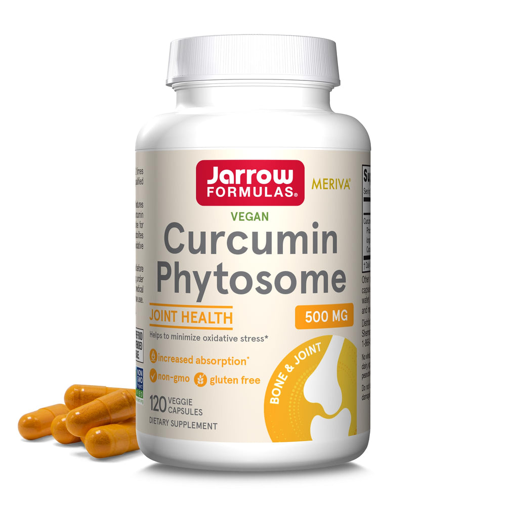 Jarrow Formulas Curcumin Phytosome bottle front highlights Meriva for enhanced absorption.