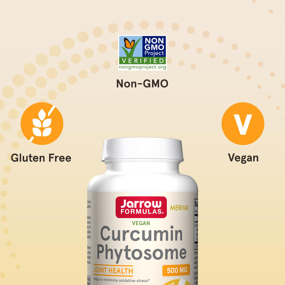 Jarrow Formulas Curcumin Phytosome Meriva graphic emphasizes patented absorption technology.