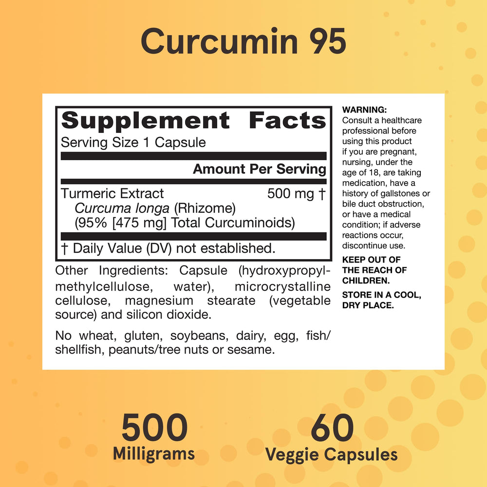 Jarrow Formulas Curcumin 95 vegan gluten-free veggie capsules support dietary choices.