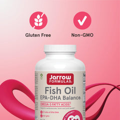 Purified fish oil bottle from Jarrow Formulas EPA-DHA Balance on a clean surface.