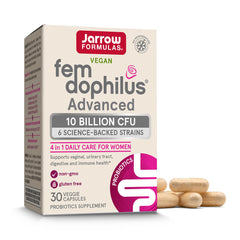 Jarrow Formulas Fem-Dophilus bottle front shows 30-count capsules for daily support.