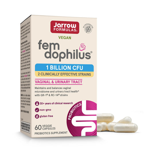 Jarrow Formulas Fem-Dophilus bottle front with 60 capsules for daily use.