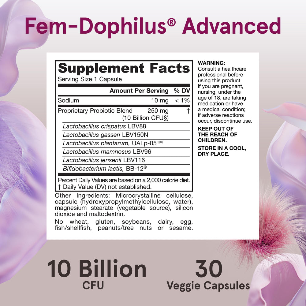 Jarrow Formulas Fem-Dophilus daily-dose graphic highlights six strains.