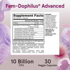 Jarrow Formulas Fem-Dophilus daily-dose graphic highlights six strains.