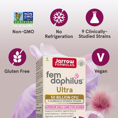 Jarrow Fem-Dophilus label close-up highlighting vegan, gluten-free, Non-GMO features