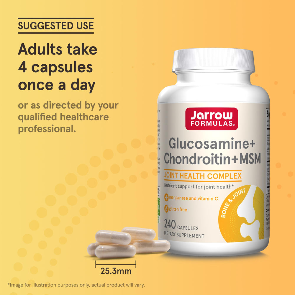 Jarrow Formulas glucosamine-chondroitin-msm capsules in hand for easy daily use