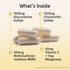 Capsules of Jarrow Formulas glucosamine-chondroitin-msm lie beside the bottle