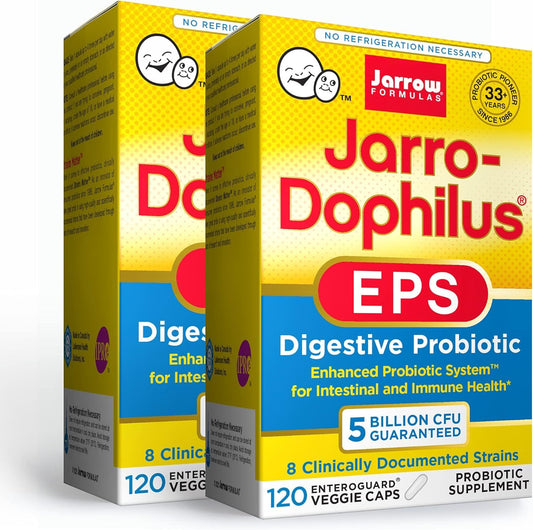 Jarrow Formulas Jarro-Dophilus EPS bottle front with enteric-coated capsules for stomach protection.