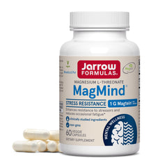 Jarrow Formulas MagMind bottle highlighting high-absorption magnesium for daily stress support.