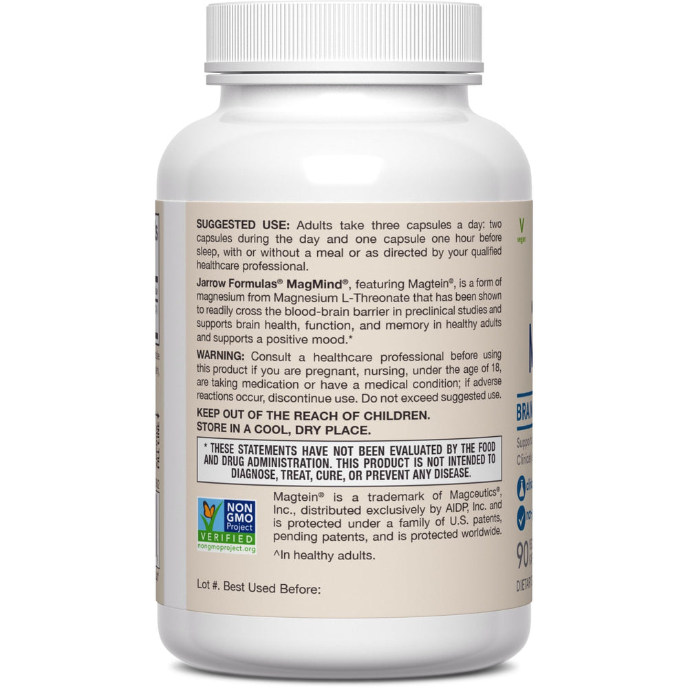 Jarrow Formulas MagMind usage guide image shows daytime and bedtime dosing.