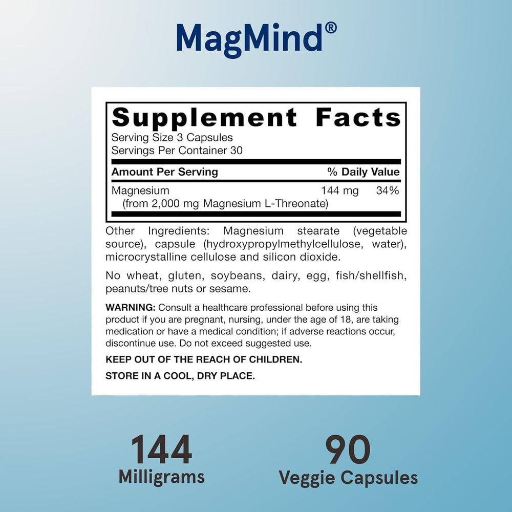 MagMind label close-up noting vegan, non-GMO formulation and Magtein ingredient.