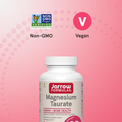 Front view of Jarrow Formulas Magnesium Taurate bottle emphasizing packaging