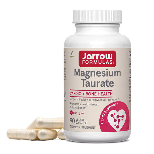 Jarrow Formulas Magnesium Taurate bottle pour showing easy daily dosage for heart and bone support