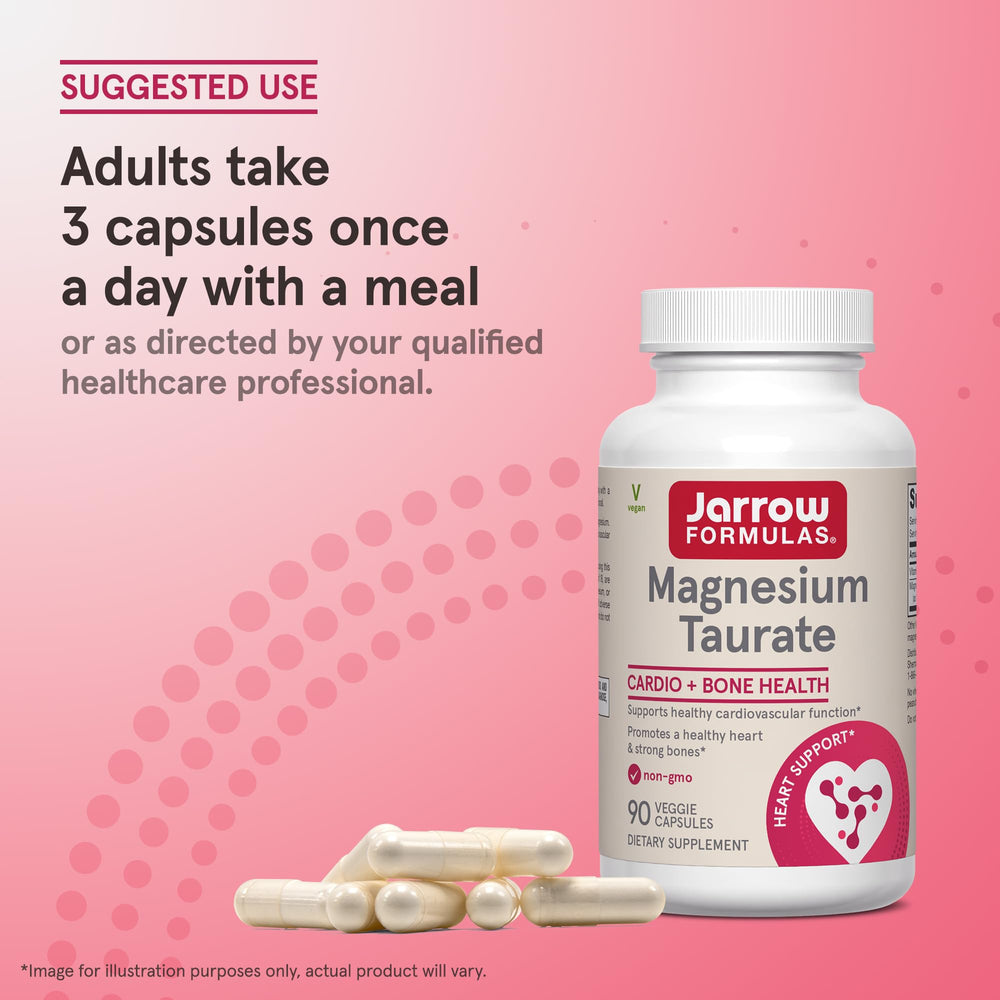 Packaging image of Jarrow Formulas Magnesium Taurate showing vegan and Non-GMO attributes
