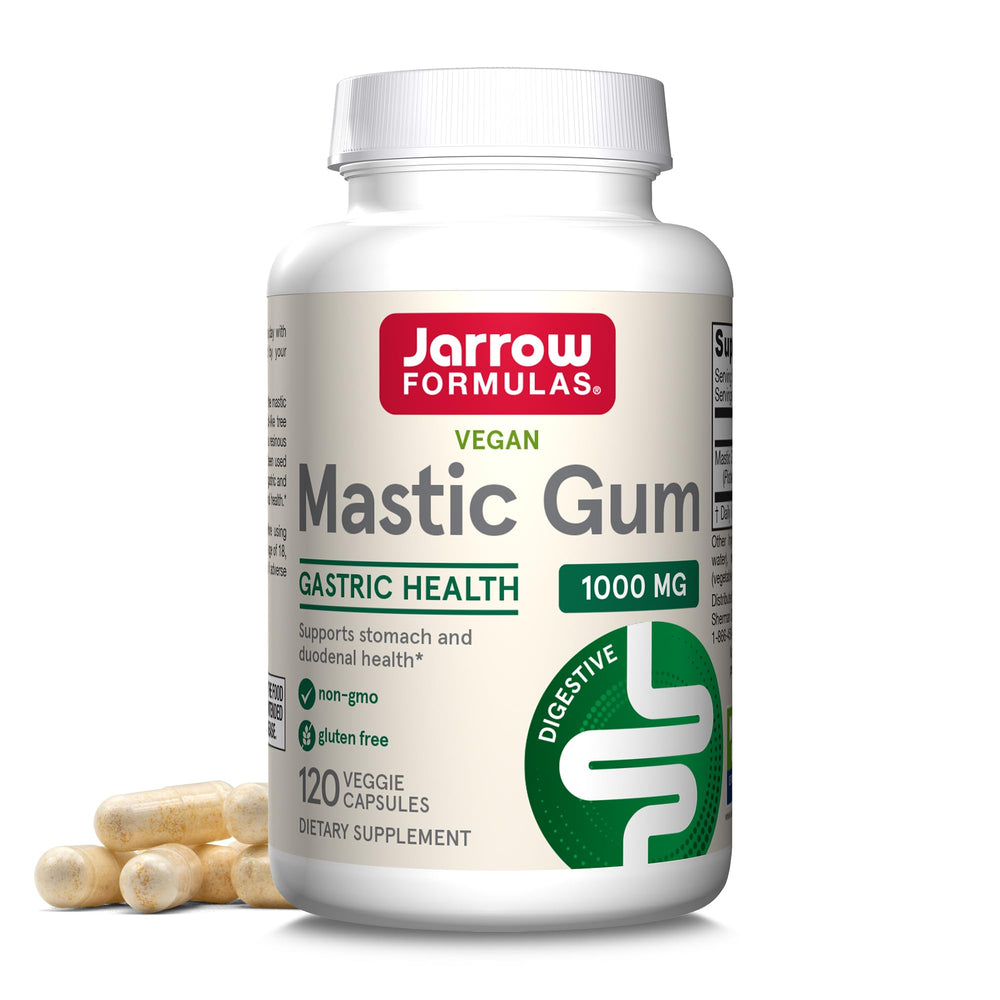 Jarrow Formulas Mastic Gum bottle view for convenient daily dosing and GI support