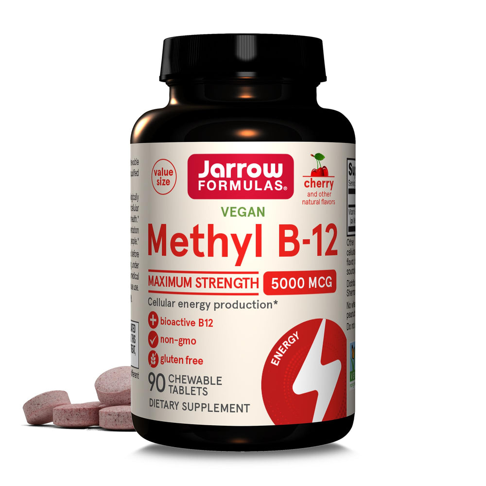 Jarrow Formulas Methyl B-12 cherry chewable bottle for energy support.