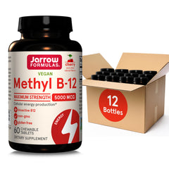 Jarrow Formulas Methyl B-12 cherry-flavored chewable tablet bottle promoting daily energy support.
