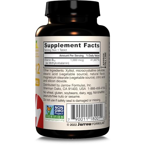 Jarrow Formulas lemon-flavored methyl B-12 tablets close-up accentuating flavor.