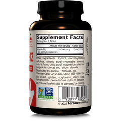 Vegan-friendly badge and allergen-free icons on Jarrow Formulas bottle.