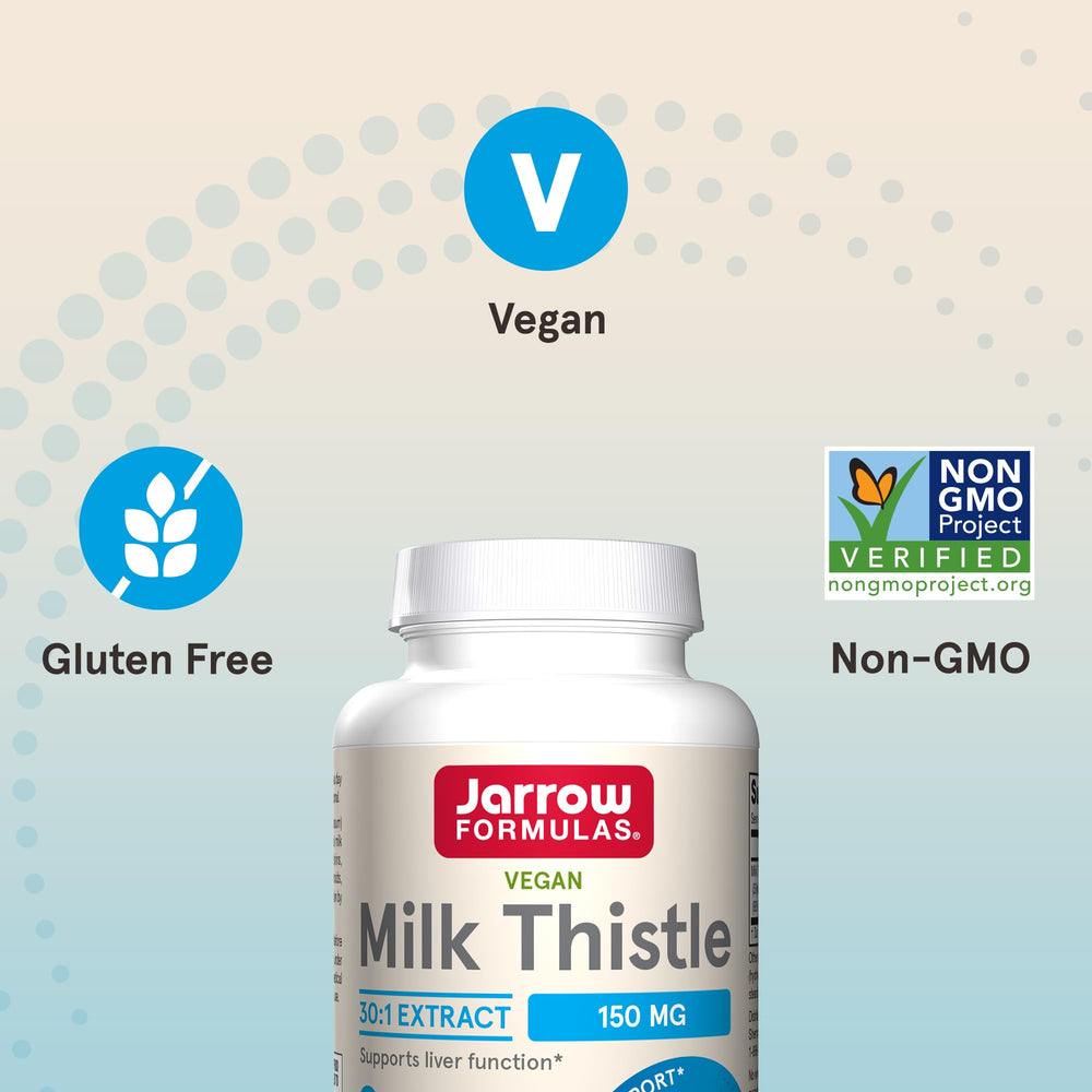 Jarrow Formulas Milk Thistle capsules pouring illustrates simple intake habit.