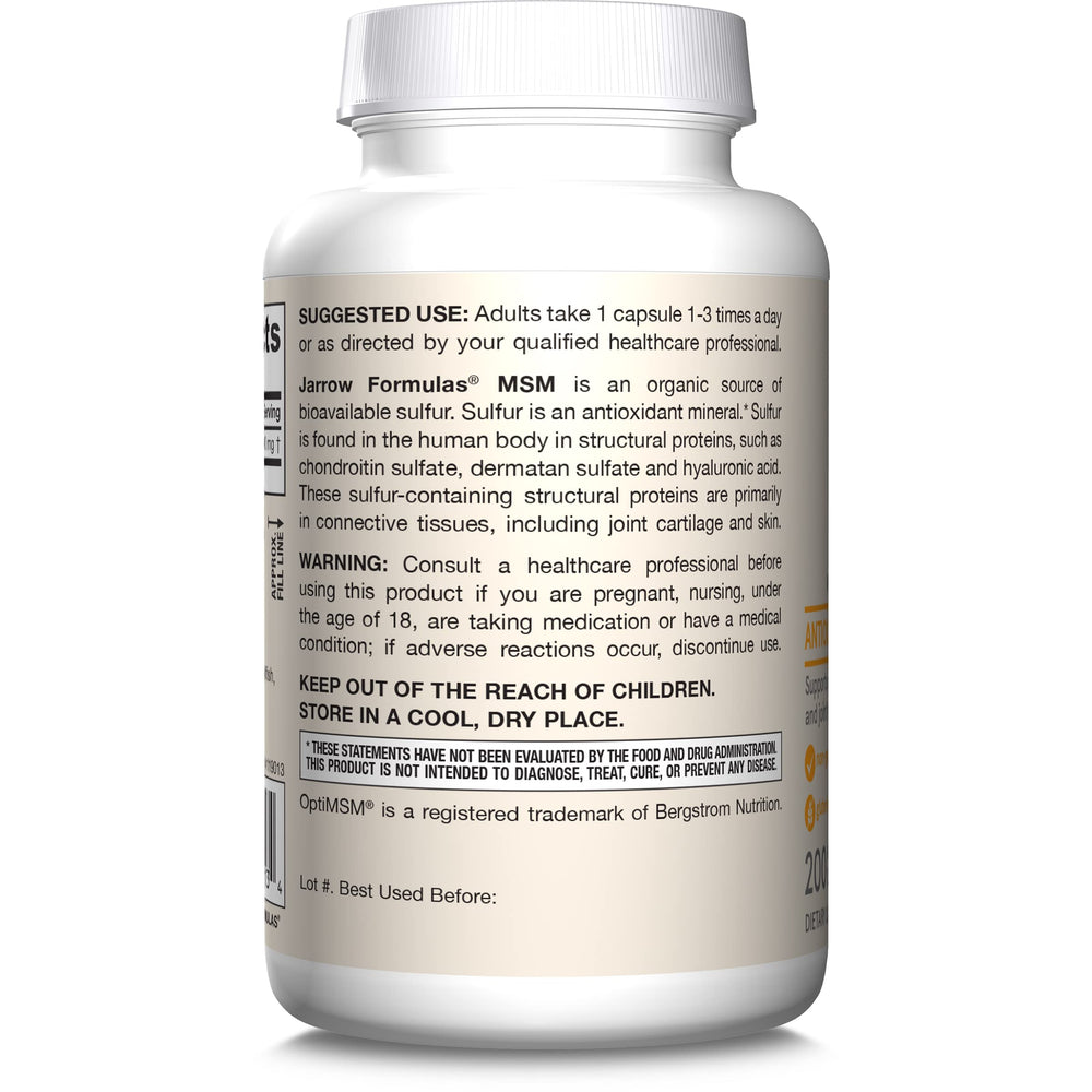 Jarrow Formulas MSM bottle front-view highlights packaging.