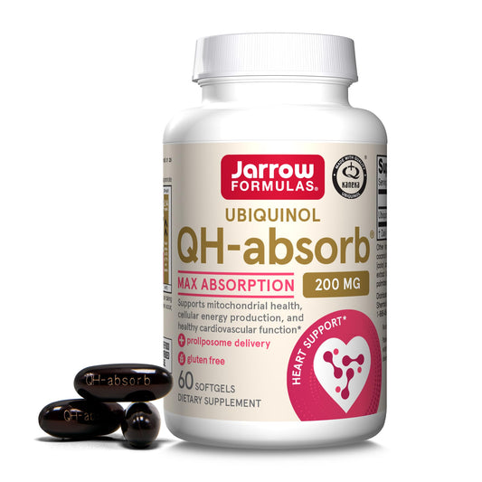 Jarrow Formulas QH-Absorb 200 mg bottle front with softgels, highlighting high absorption.