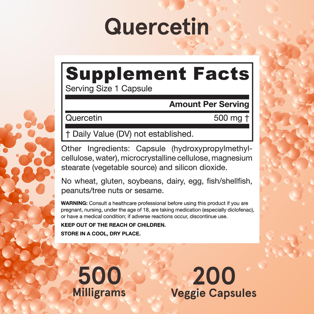 Quercetin vegan-friendly label indicates dietary compatibility.