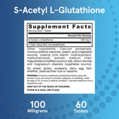 Serving-size graphic communicates 100 mg dosage of S-Acetyl L-Glutathione.