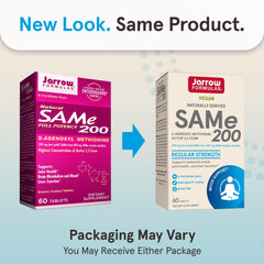SAMe 200 mg tablets close-up on bottle showing compact, round pills