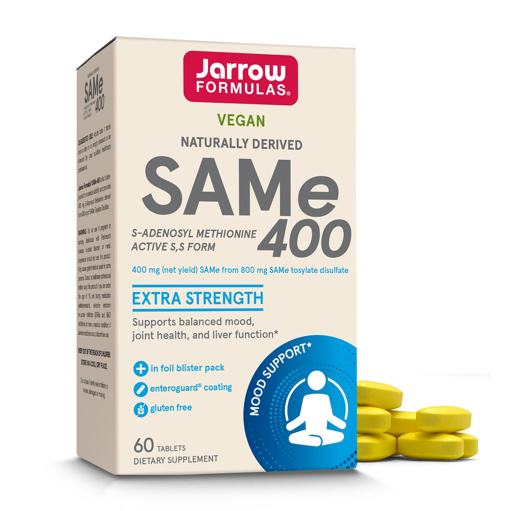 Jarrow Formulas SAMe 400 mg tablets bottle close-up for joint health potential.