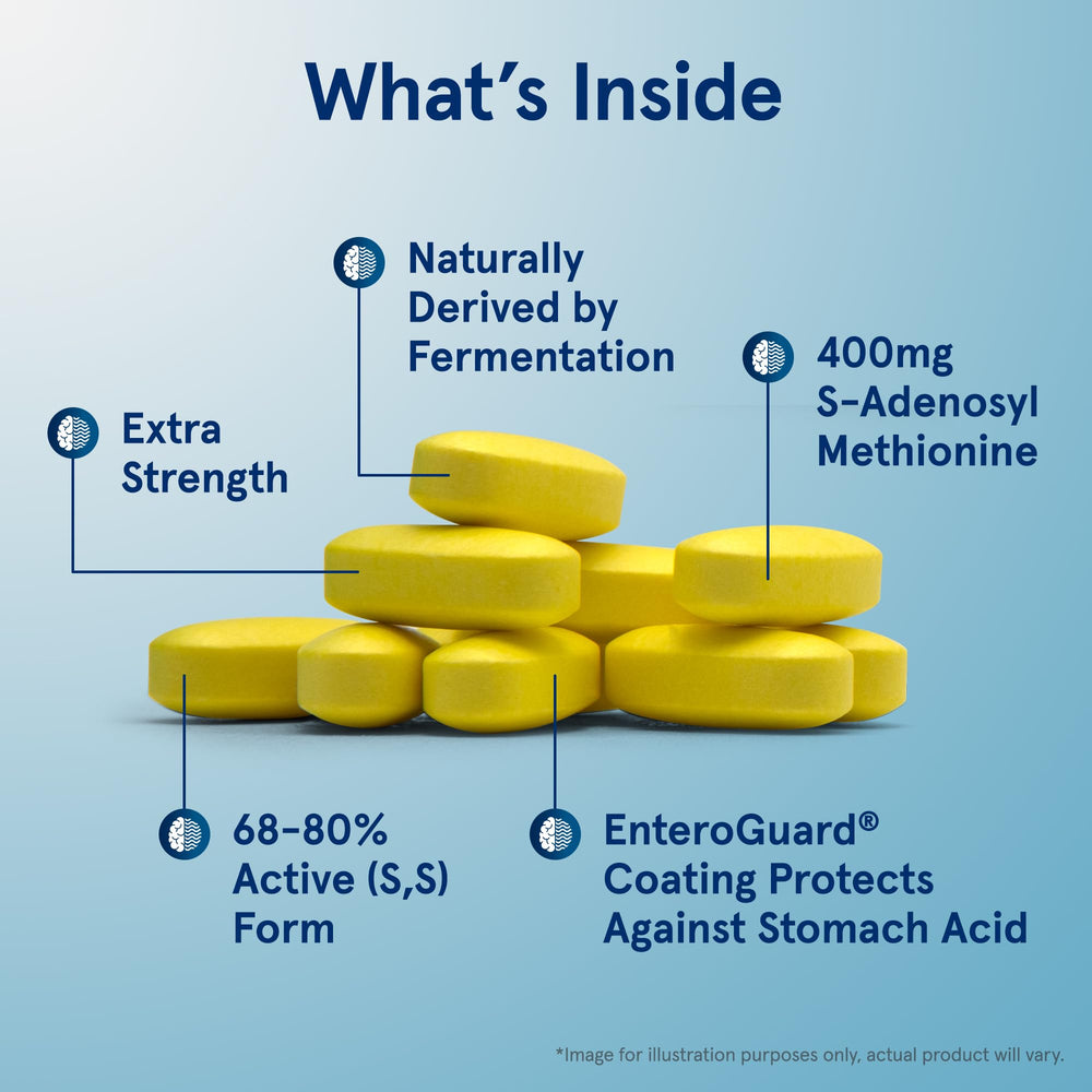 Jarrow Formulas SAMe 400mg tablets front view highlighting enteric-coated formula.
