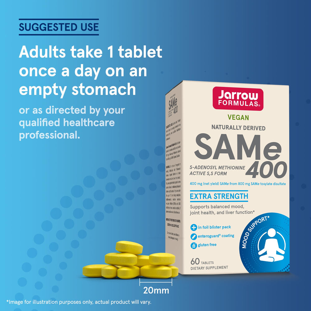 Jarrow SAMe bottle pouring tablets, highlighting convenient daily use.