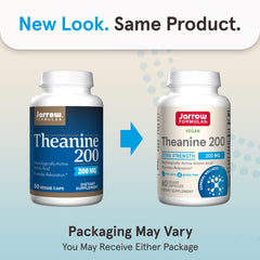 Close-up of Jarrow Formulas Theanine 200 mg capsules highlighting vegan non-GMO formula