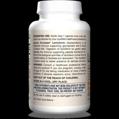 Bottle seal and label of Jarrow Formulas Lactoferrin highlighting quality.