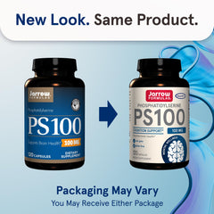 Close-up of Jarrow Formulas PS100 capsules showing 100 mg phosphatidylserine.