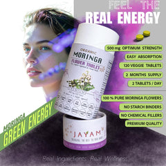 JAYAM Moringa Flower closeup shows pure plant powder used in tablets.