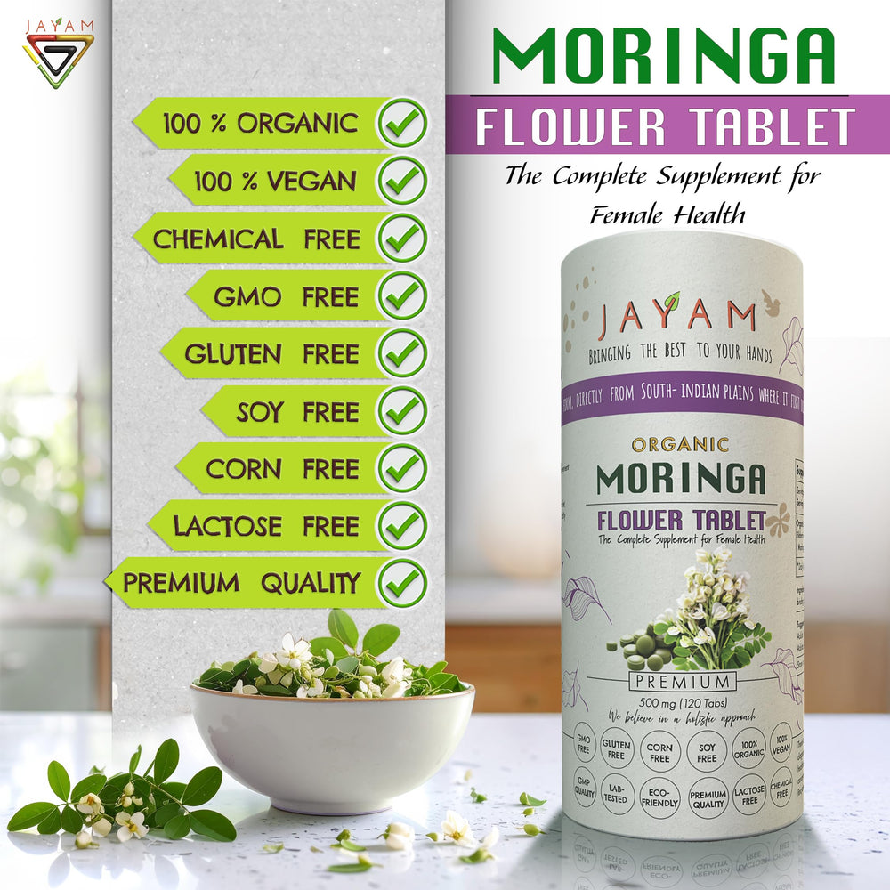 JAYAM Moringa Flower Tablets bottle closeup highlights pure potent plant power.