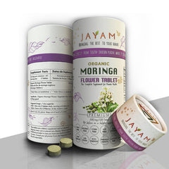 JAYAM Moringa Flower Tablets packaging emphasizes eco-friendly sourcing for sustainable wellness.