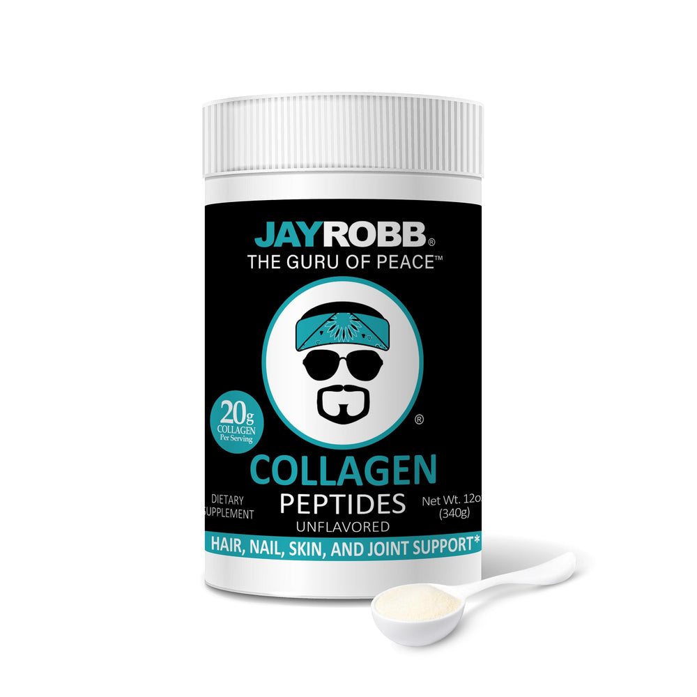 JAYROBB Collagen Peptides Unflavored canister showing powder texture for versatile mixing