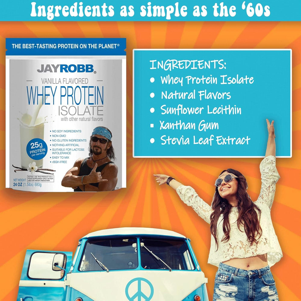 JAYROBB Whey Protein Vanilla nutrition panel highlights non-GMO and stevia-sweetened formula.