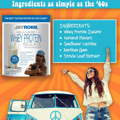 JAYROBB Whey Protein Vanilla nutrition panel highlights non-GMO and stevia-sweetened formula.