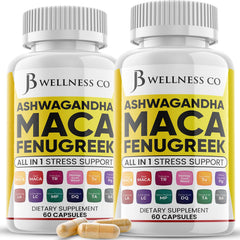 JB Wellness Co Ashwagandha Maca Root Fenugreek bottle promotes balanced mood potential.