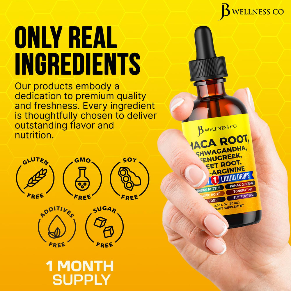 JB Wellness Co Liquid multivitamin bottle pour suggests easy daily wellness for adults.