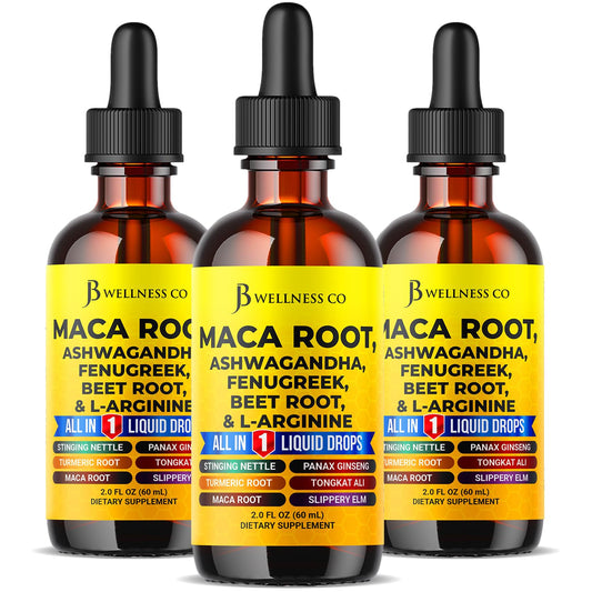 JB Wellness Co Maca Root Drops bottle displaying organic formula for daily vitality.
