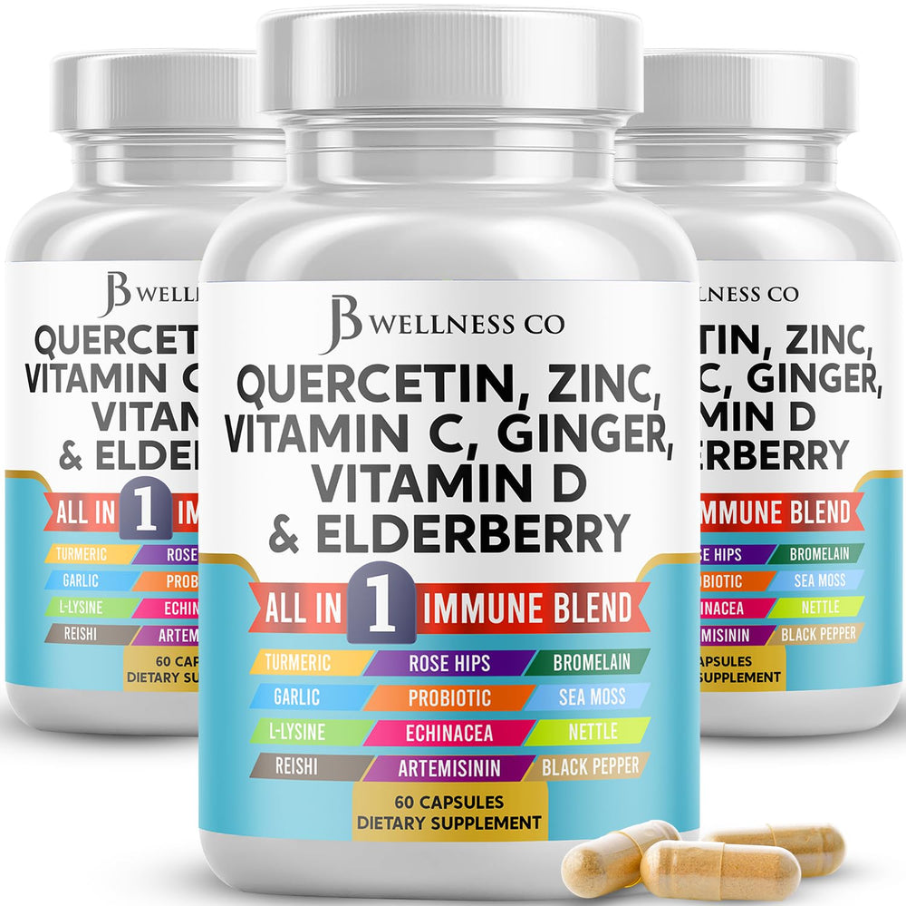 JB Wellness Co quercetin zinc vitamin C bottle shows immune support formula for daily wellness.