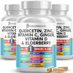 JB Wellness Co quercetin zinc vitamin C bottle shows immune support formula for daily wellness.