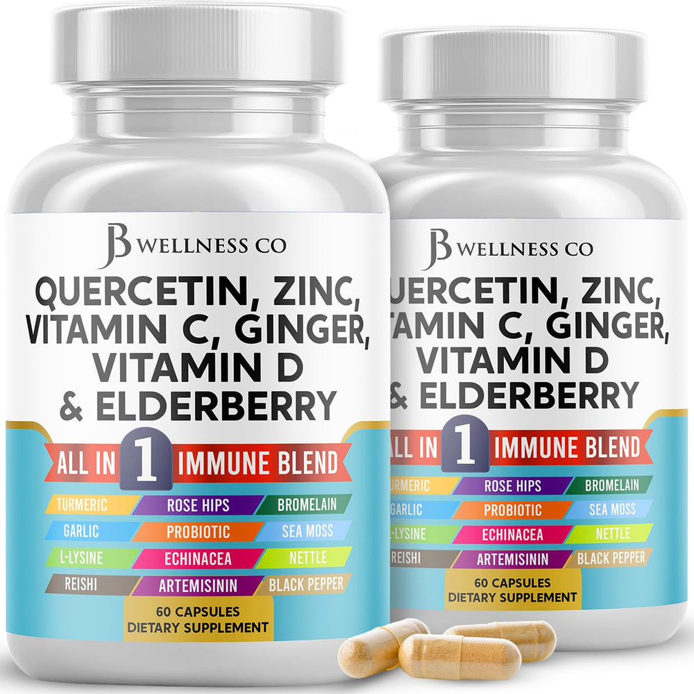 JB Wellness Co quercetin zinc vitamin C D bottle close-up for daily immune support