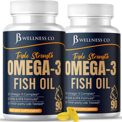 JB Wellness Co triple-strength omega-3 bottle front with 180 capsules for daily wellness