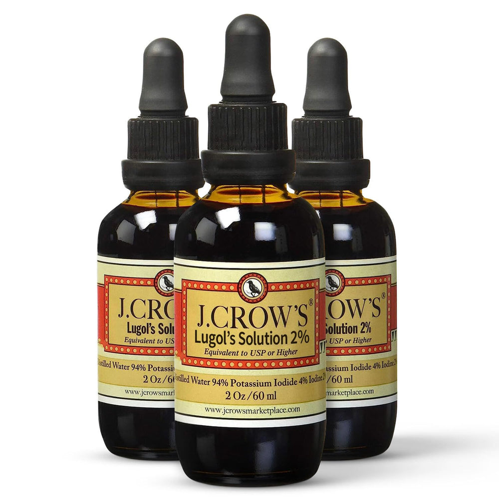 J. CROW'S Lugol's iodine bottle close-up for precise dosing in home use