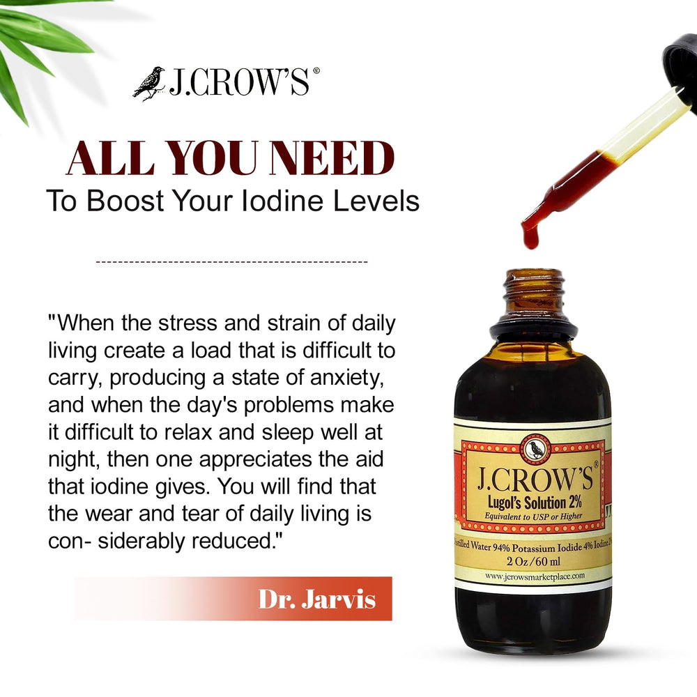 J.CROW'S Lugol's iodine ingredients highlight gluten-free and alcohol-free formula